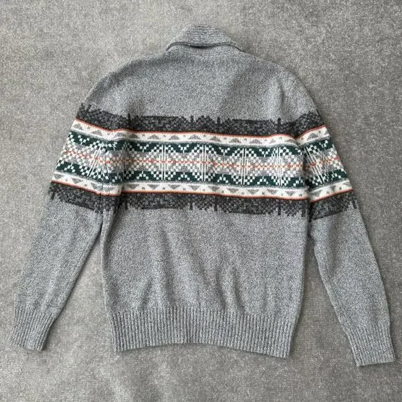 American Eagle Sweater Mens Medium Gray Fair Isle Shawl Collar Pullover Knit - Picture 7 of 7